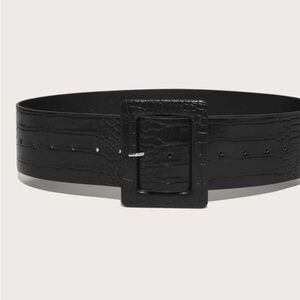 Black Croc-Embossed Wide Belt with Square Buckle
